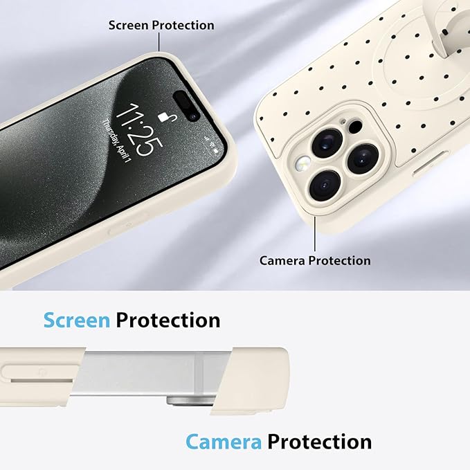 KANGHAR Compatible with iPhone 15 Pro Max Case, Support for MagSafe, Silicone Spot Cute Pattern, Wristband Kickstand Camera Protection Soft Slim Cover for Girls Women -White