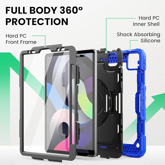 SEYMAC for iPad Air 5th/ 4th Generation Case 10.9 Inch, Full-Body Shockproof Protective Case with Screen Protector, Rotating Stand/Handle/Shoulder Strap/Pencil Holder for iPad Air 5/ Air 4, Blue