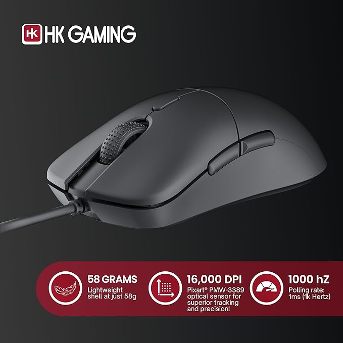 HK GAMING Mira XM1 Ultra Lightweight Gaming Mouse | 58 Grams | max 16000 cpi | 1kHz USB Wired | 6 Buttons | Anti Slip Grips (Black)