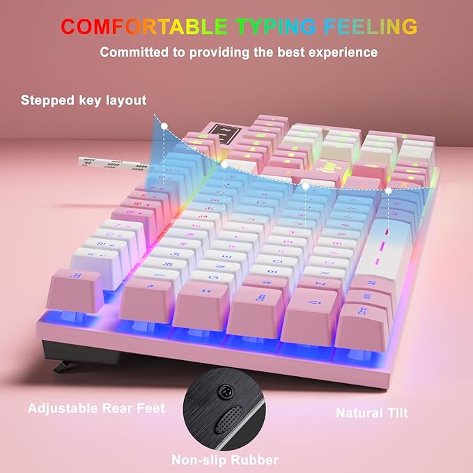 BlueFinger RGB Gaming Keyboard and Backlit Mouse Combo, USB Wired, LED Gaming Set for Laptop PC Computer Game and Work (Pink & White)