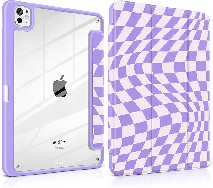 TWOLSKOO Case for iPad Pro 11-inch (M5 2025 / M4 2024), Clear Acrylic Back with TPU Bumper, Pencil Holder, Trifold Stand, Auto Sleep/Wake, Purple Wavy Checker