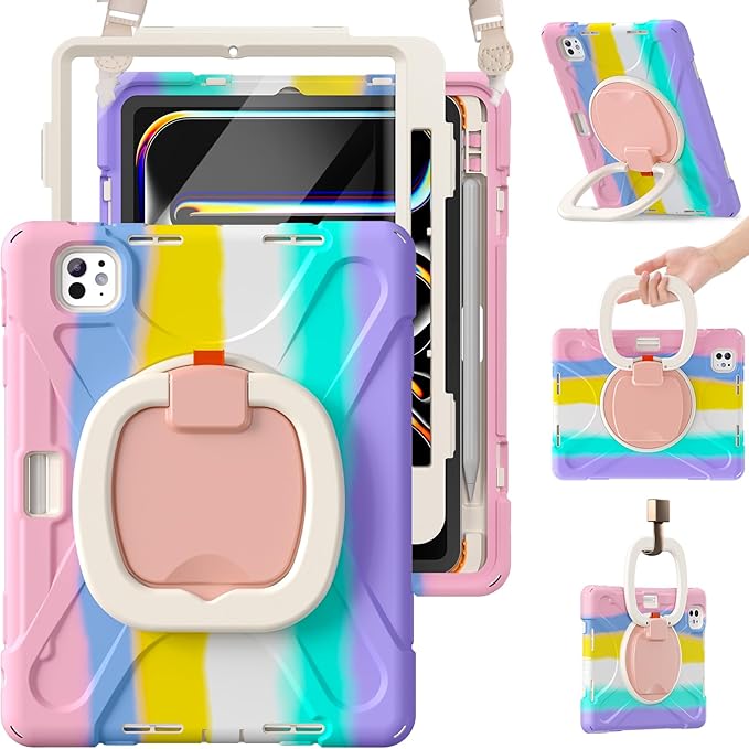 BRAECN for for iPad Pro 11 Inch Case M5 2025 & 2024 M4, Protective Rugged Silicone Cover with Built-in Pencil Holder, Carrying Shoulder Strap, Screen Protector, Ultra Stable Stand, Colorful Pink