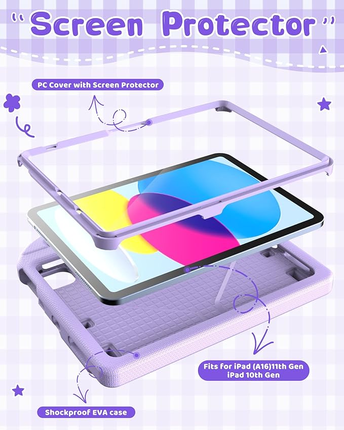 Kids Case for iPad A16 11th Gen 11-Inch 2025 & iPad 10th Generation (10.9" 2022), Durable Shockproof Fully-Body Cover with Screen Protector/Pencil Holder/Stand/Handle for Kids, Light Purple