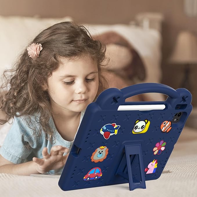 Dteck for iPad Air 6th Gen 11 Inch Case 2024,iPad Pro 11 Inch Case 2024 5th Gen(M4),Cartoon Panda Shockproof Rugged Lightweight Convertible Stand Kids Friendly Tablet Case with Handles,Navy Blue