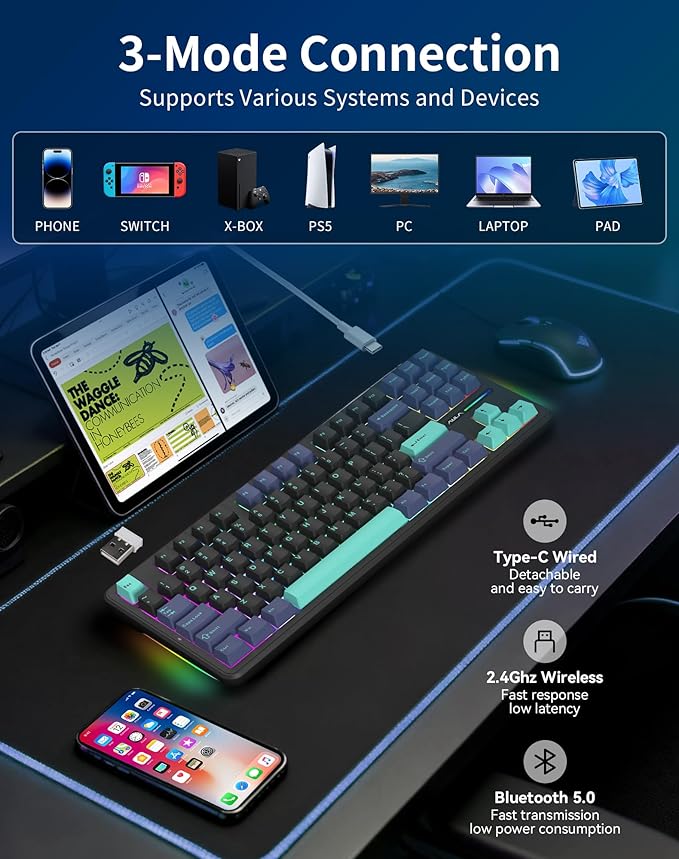 Aula F87 Pro Wireless Mechanical Keyboard, 87-Key TKL Tri-Mode (BT5.0/2.4G/USB-C), Hot Swappable Gasket Mount Keyboard, 4000mAh Battery, RGB Backlit PBT Keycaps Custom Gaming Keyboard for PC Mac