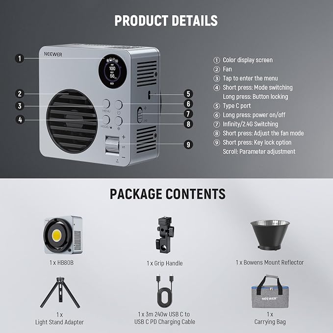 NEEWER 80W LED Video Light with 72Wh Battery/100W PD Fast Charging APP/2.4G Control Portable Bi Color Mini COB Studio Continuous Output Lighting 26500lx/1m 2700-6500K Dimmable CRI95+ 13 Scenes, HB80B