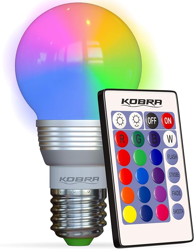 Kobra LED Color Changing Light Bulb with Remote Control - 16 Different Color Choices Smooth, Fade, Flash or Strobe Mode - Smart Remote Lightbulb -RGB & Multi Colored
