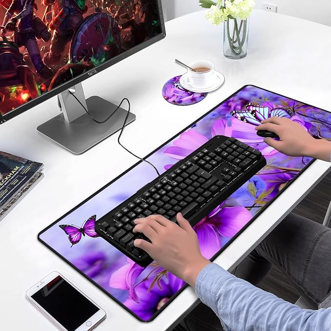 Desk Pad Mat Gaming Mouse Pads with Coasters,Stitched Edges Design Mouse Pad XXL Large Mouse Pad for Laptop Computers Purple Flowers and Butterflies Desk Writing Mat for Office & Home