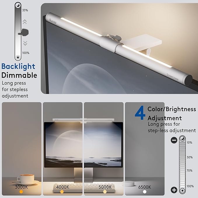 Quntis Monitor Light Bar with Remote, Eye-Care No Glare, Space Saving Home Office Desk Lamp, White, Stepless Dimming, Easy Setup LED Computer Light Backlight for Curved Gaming Monitors Mother's Day