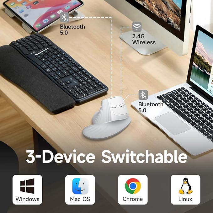 SANWA Wireless Ergonomic Mouse for Large Hands, Silent Click Vertical Mice with Removable Wrist Rest, 1000-4000 DPI, 3-Device (2.4G + 2 Bluetooth 5.4), Compatible with Mac, Windows, Laptop, PC, White