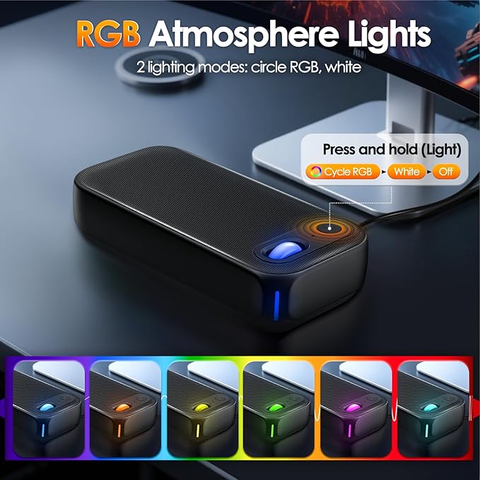 USB-A/USB-C Computer Speakers for PC Desktop, Wired Portable Mini Sound-bar for Monitor with Stereo Sound & Enhanced Bass, Laptop Speakers for Desktop, PC, Smartphones,Tablets with RGB Lights