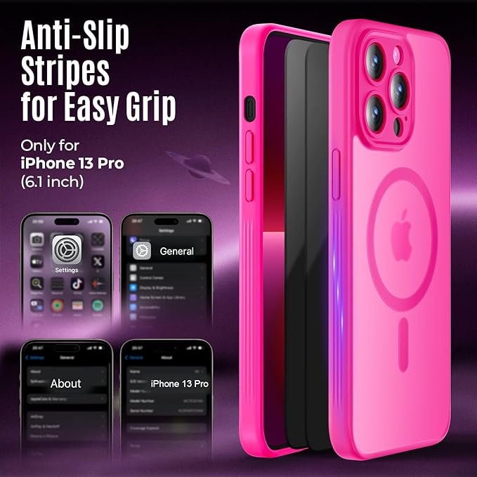 Symcele Designed for iPhone 13 Pro Case, Compatible with MagSafe, with Privacy Screen Protectors X2, [Camera Protection] [15FT Military Drop Protection] Shockproof Phone Case, 6.1", Hot Pink