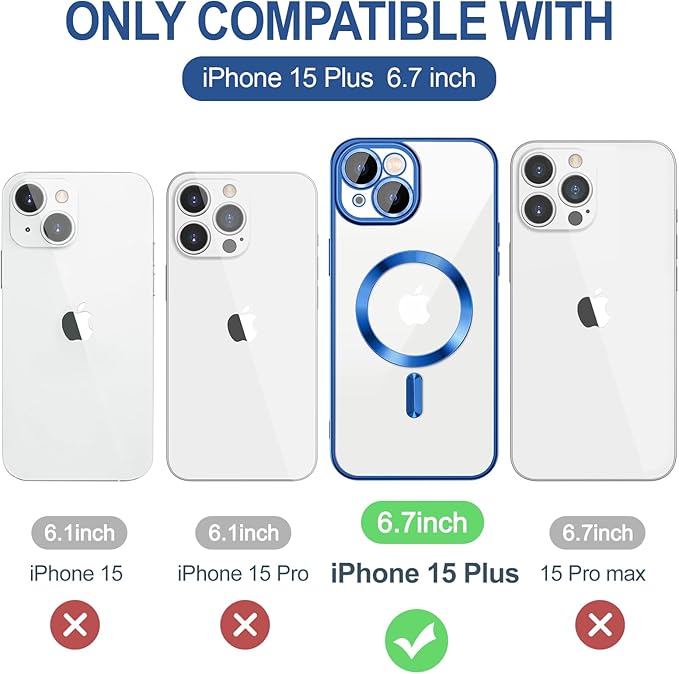 Hython Magnetic Clear for iPhone 15 Plus Case with Camera Lens Protector [Compatible with MagSafe] Luxury Plating Edge Slim Soft TPU Cover Protective Phone Case for iPhone 15 Plus 6.7", Deep Blue