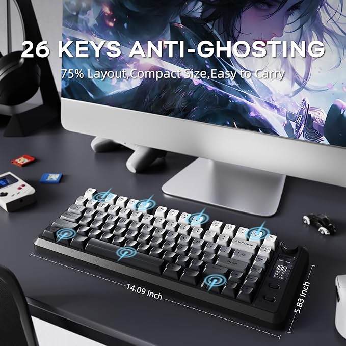 FREEWOLF M75 Wireless Mechanical Feel Gaming Keyboard Bluetooth/2.4Ghz Membrane with Knob & OLED Display Rainbow Backlit Gradient PBT Keycaps 2000mAH Battery Anti-Ghosting-Moonnight