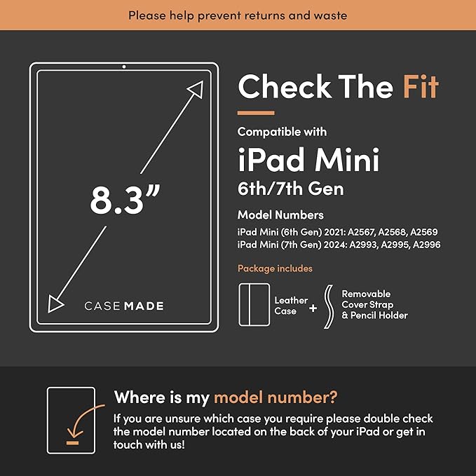 Casemade Real Leather Case Compatible with iPad mini 7 (A17 Pro) / 6th Gen (2021) - Full-Grain Leather Cover, Auto Sleep/Wake, Dual Stand Position (Tan)