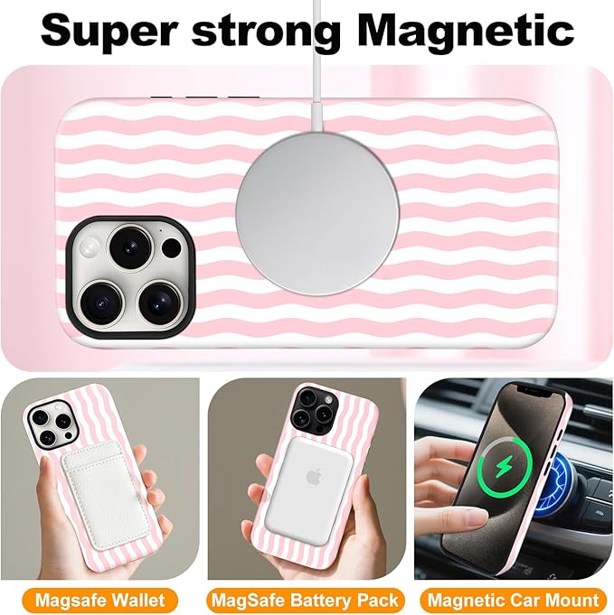 Magnetic for iPhone 15 Pro Case Cute Wavy Stripes Phone Case, Shockproof Slim TPU and Hard PC Protective Phone Cover Compatible with MagSafe Designed for Women Girls, Pink