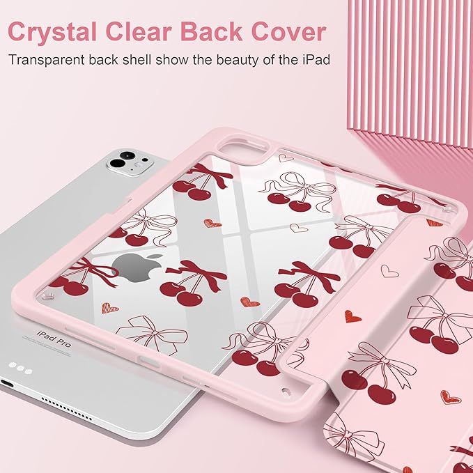 TWOLSKOO Case for iPad Pro 11-inch (M5 2025 / M4 2024), Clear Acrylic Back with TPU Bumper, Pencil Holder, Trifold Stand, Auto Sleep/Wake, Bows & Hearts