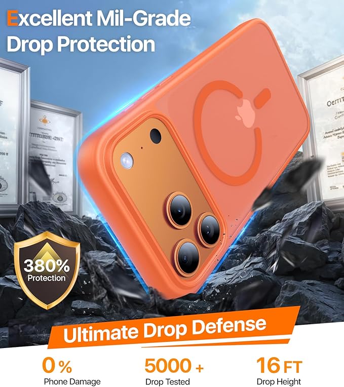 Magnetic for iPhone 17 Pro Max Case,[Anti-Slip][Compatible with MagSafe][Military Grade Drop Protection] Shockproof Protective Translucent Matte Phone Case for iPhone 17 Pro Max Case,Orange