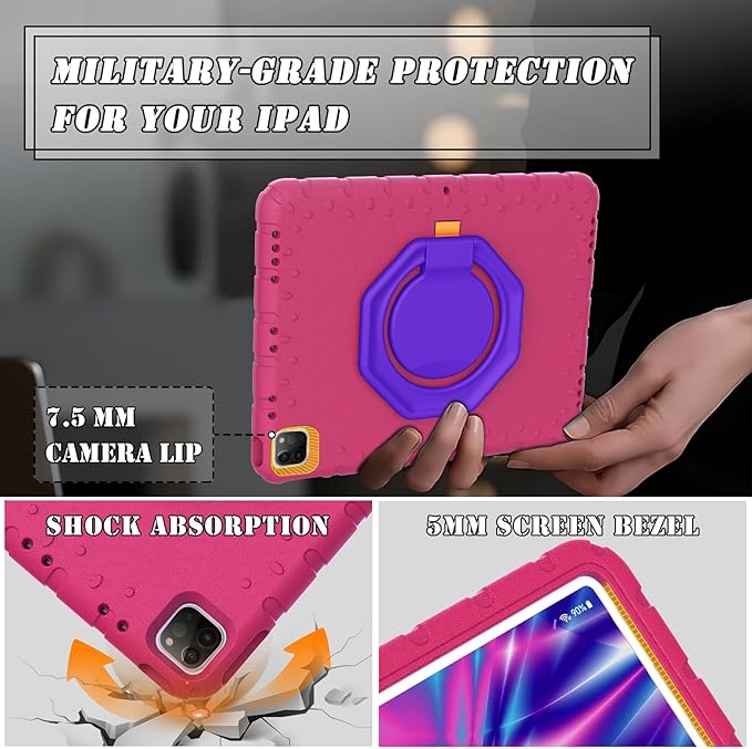 for iPad Pro 12.9 Case 3rd 4th 5th 6th Generation with Pencil Holder & 360° Rotating Handle Stand, New Cute Rugged Cover for iPad Pro 12.9 inch 2022/2021/2020/2018 - Rose Red