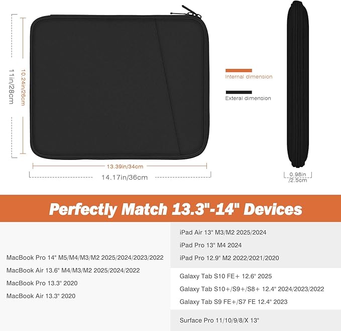 MoKo 13.3-14 Inch Laptop Sleeve Case, Fits New 13-inch MacBook Air/Pro M4, 14" MacBook Pro M3/M2/M1, 13" MacAir M3/M2/M1, Protective Bag Carrying Case with Pocket, Black