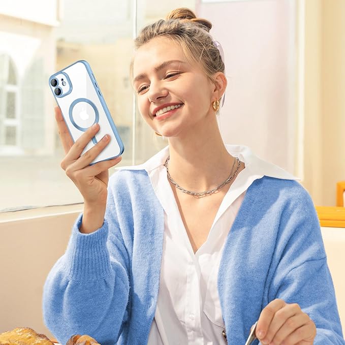Hython Magnetic Clear for iPhone 11 Case with Camera Lens Protector [Compatible with MagSafe] Luxury Plating Edge Slim Soft TPU Cover Protective Phone Case for iPhone 11 6.1", Matte Light Blue