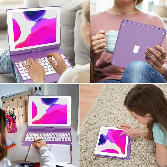 MMK iPad Keyboard Case for iPad 6th Gen 2018,5th Gen 2017, Pro 9.7, Air 2,Air 1, Backlit 10 Color 360 Screen Rotation Case with Keyboard, Auto Sleep/Wake - Violet