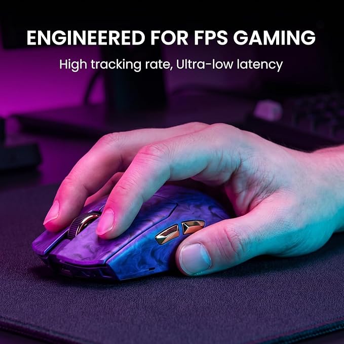 EWEADN Z7 Carbon Fiber Shell Wireless Gaming Mouse with 42000 DPI, PAW3950 Sensor, Kailh Optical Switch, Ergonomic 52g Lightweight, 8k Polling Dual-Mode (Wired/2.4GHz), Up to 300 Hr Battery, Purple