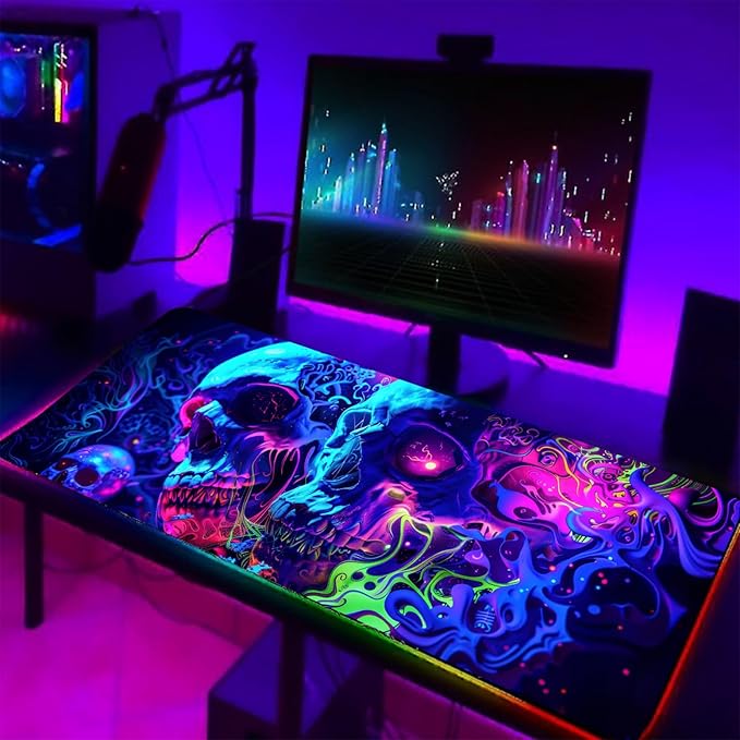 Simpkeely Horror Skull Mouse Pad, Large Waterproof Blacklight Colorful Skeleton Neon Gaming Non-Slip Rubber Base Mousemat, Glow in The Dark Abstract Desk Mat for Office Home - 31.5 x 11.8 inches