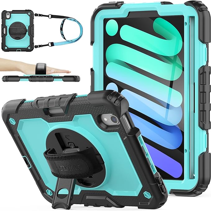 SEYMAC stock Case for iPad Mini 7 (A17 Pro)2024/ Mini 6 8.3'' with Screen Protector Pencil Holder [360 Rotating Hand Strap] &Stand, Drop-Proof Case for iPad Mini 7th/6th Generation 8.3", SkyBlue+Black