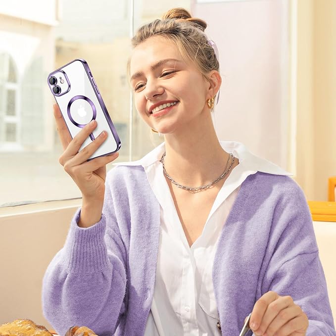 Hython Magnetic Clear for iPhone 12 Case with Camera Lens Protector [Compatible with MagSafe] Luxury Plating Edge Slim Soft TPU Cover Protective Phone Case for iPhone 12 6.1", Deep Purple