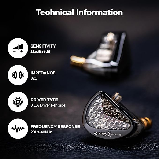KZ AS16 PRO X in Ear Monitor, 16BA HiFi Wired Earbuds, Professional IEM Earphones with Precision Electronic Crossover, Sparkling Diamond-Like Design for Musician Audiophiles (No Mic)