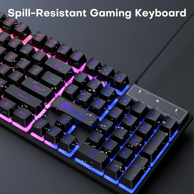 GEODMAER 104 Keys Gaming Keyboard, Full Size LED Backlit Wired Keyboard with Multimedia Keys, Anti-Ghosting, Spill-Resistant Membrane Gaming Keyboard for PC Laptop