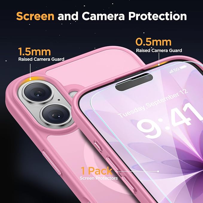 Miracase Magnetic for iPhone 17 Case (Compatible with MagSafe) with Screen Protector Military-Grade Protection, Anti-Fingerprint Translucent Matte Phone Cover for iPhone 17 6.3 inch, Light Pink