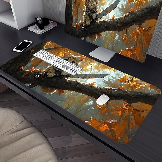 Cute Desk Mat Animal Cat Autumn Forest Fantasy Art Extended Gaming Mouse Pad Mat with Stitched Edge Non-Slip Base Big Mouse Pad 31.5"x11.8" Office Computer Keyboard Laptop Home