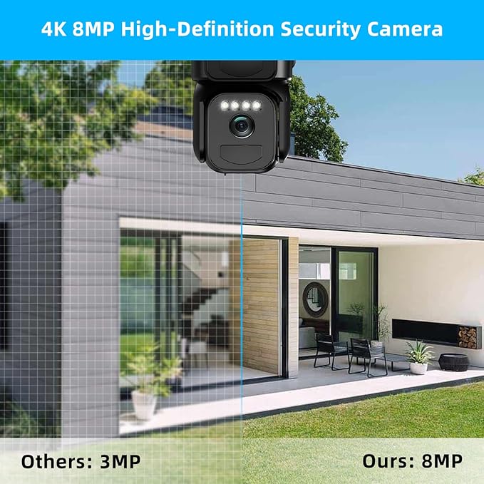4K Solar Security Cameras Wireless Outdoor Battery Powered, 5GHz & 2.4GHz Dual Lens Bullet & 360° PTZ Outdoor Security Camera with Solar Panel, Digital Zoom, Night Vision,PIR Sensor (1Pack)