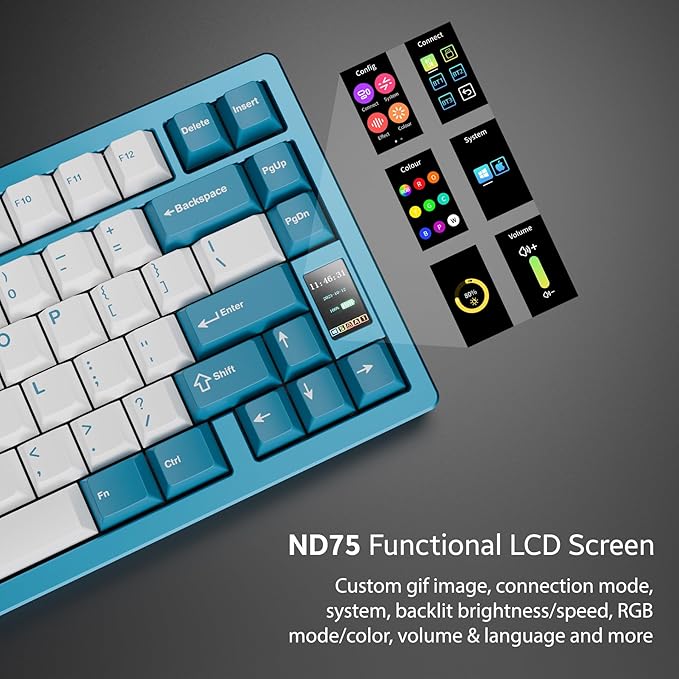Chilkey ND75 Aluminum Keyboard 75% Percent Wireless Gaming Mechanical Keyboard with LCD Screen, Quick Assembly, BT/2.4G/USB-C, Hot Swappable Per-Key RGB Custom Blue Key Board for Laptop Office PC