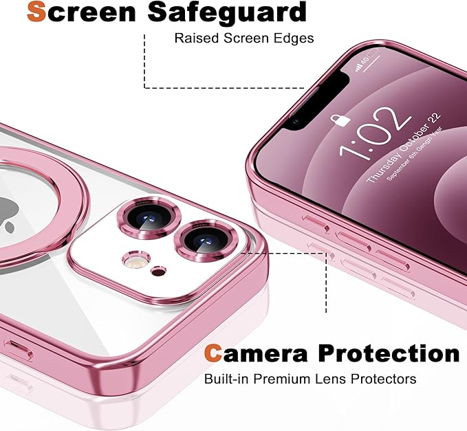 Compatible with iPhone 12 Case with Invisible Magnetic Ring Stand [Compatible with Mag-Safe] [Full Camera Lens Protector] Plating Clear Phone Case for iPhone 12 6.1", Pink