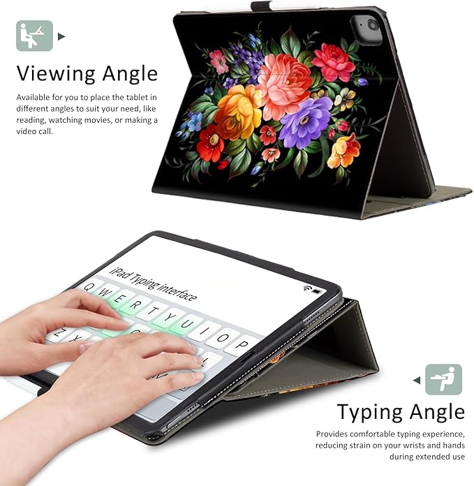 Lokigo Case for iPad Pro 13 Inch (M5/M4), iPad Air 13 Inch (M4/M3/M2), iPad Pro 12.9 Inch (6th/5th/4th/3rd) Gen, Typing Stand, with Pencil Holder/Card Pocket, Auto Wake/Sleep, Black Colord Flowers