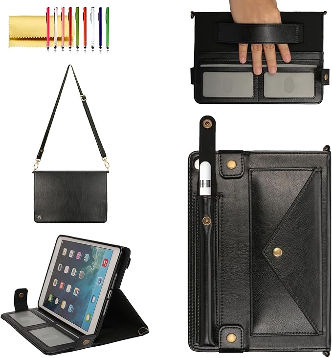 Handbag Case for iPad mini 5th/4th/3rd/2nd/1st Generation 7.9", Techcircle Lightweight Folio Stand Crossbody Wallet Case with Pencil Holder, Hand Strap & Shoulder Strap Soft Protective Cover, Black