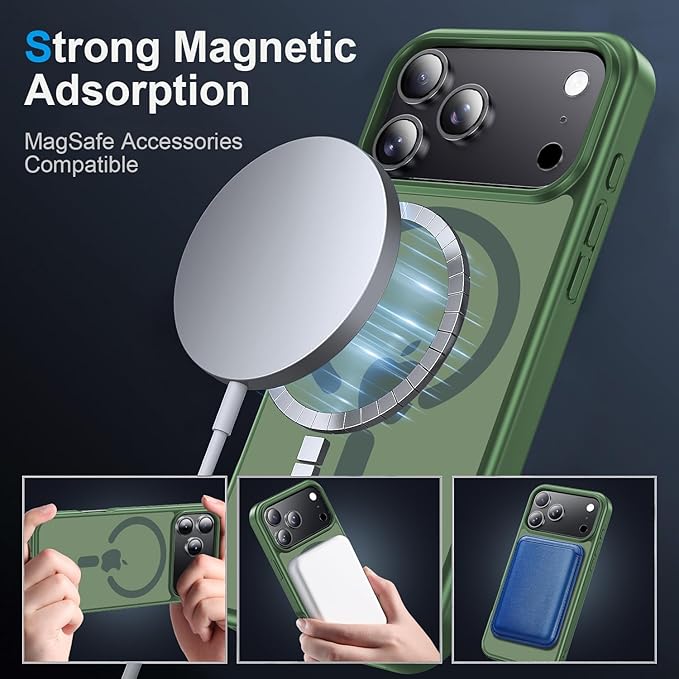 Strong Magnetic for iPhone 17 Pro case with Camera Lens Protector [ Military-Grade Protection] Compatible with MagSafe Shockproof Slim Thin Cover case for iPhone 17 Pro 6.3 inch, Alpine Green