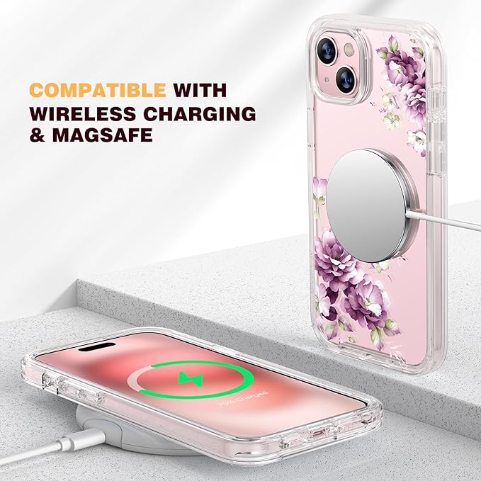 Diaclara Designed for iPhone 15 Case, Full Body Rugged Case with Built-in Touch Sensitive Anti-Scratch Screen Protector, with Camera Lens Protector for iPhone 15 6.1" (Peony)