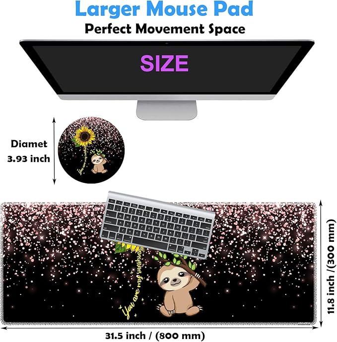 Large Gaming Mouse Pad Plus a Coasters + Cable Clips, Sunflower and Sloth Extended Mousepad (31.5 x 11.8) with Stitched Edge, Foldable Computer Keyboard Desktop Mouse Mat for Home Office