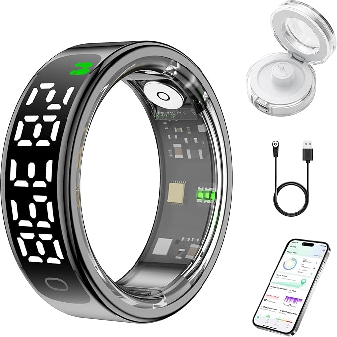 Smart Health Ring for Women Men, Smart Ring Fitness Tracker for iOS Android, Heart Rate, Blood Oxygen, Blood Pressure, Sleep Monitoring,5ATM Waterproof, No Subscription Fee (Black, 10#)