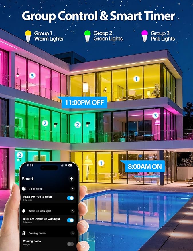 Smart Light Bulbs, Color Changing Light Bulb, Work with Alexa & Google Assistant, RGBWW A19 LED Light Bulbs Dimmable, 2.4GHz WiFi Bluetooth Light Bulb 60W Equivalent, Music Sync, 800LM, 4 Packs
