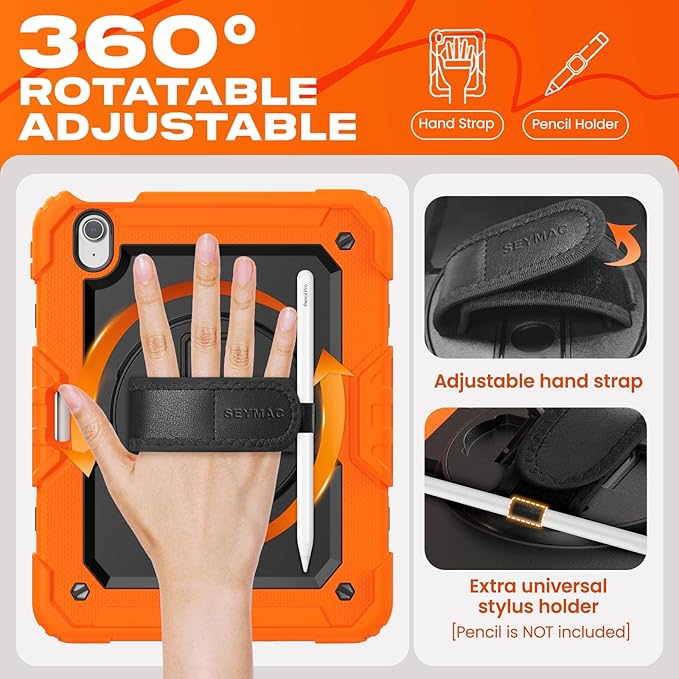 SEYMAC stock Case for iPad Air 11-inch M4-M2 2026-2024 (Gen 8-6), Shockproof Heavy Duty Case with Screen Protector, Pencil Holder, Rotating Stand, Hand Strap, Shoulder Strap, Orange