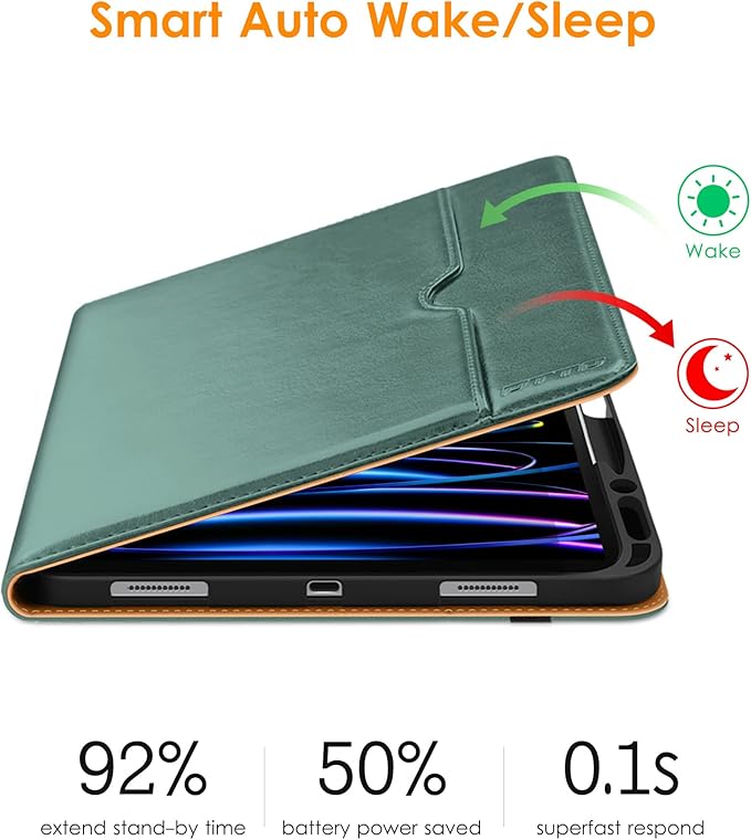 DTTO for iPad Pro 12.9 6th / 5th / 4th / 3rd Generation Case 2022/2021/2020/2018, Leather Folio Stand Cover with Built-in Apple Pencil Holder -Auto Wake/Sleep and Multi Viewing Angles, Pine Green