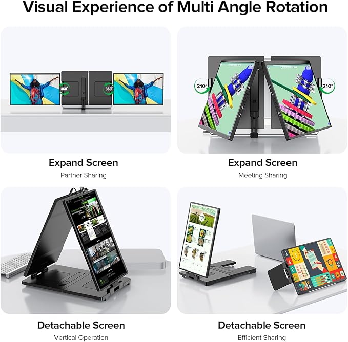 UPERFECT Laptop Screen Extender, 2K 14" 360° Patented Unique Swivel Hinge Triple Monitor, 2240x1400 QHD IPS Portable Dual Monitor for 13.3"-17.3'' Laptops, Plug & Play with Mac, Wins, Android