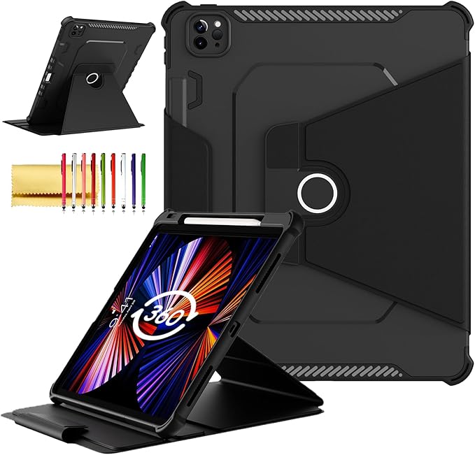 Rotating Case for iPad Pro 12.9" 6th/5th/4th Gen 2022/2021/2020 Smart Cover with Pencil Holder, Techcircle Hybrid TPU+PC Magnetic Cover Soft Bumper Slim Folio Shockproof Protective Case-Black