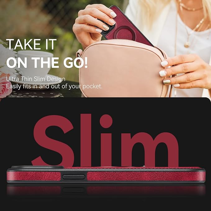 Compatible with iPhone 15 Pro Case with Stand, Compatible with MagSafe, Slim PU Leather & Durable TPU Protective Cover Drop-Proof with Tempered Glass Screen Protector 6.1", Red