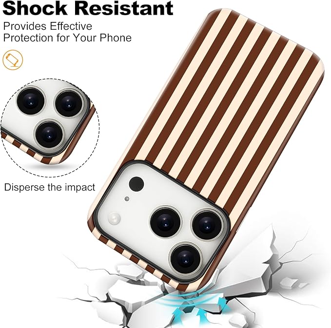 Magnetic for iPhone 17 Pro Max Case Cute Stripes Phone Case, Shockproof Slim TPU and Hard PC Protective Phone Cover Compatible with MagSafe Designed for Women Girls, Brown